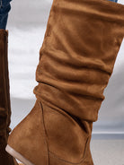 Mescini brown pleated slouch flat mid calf boots, close up of the gathered shaft, US women's sizes