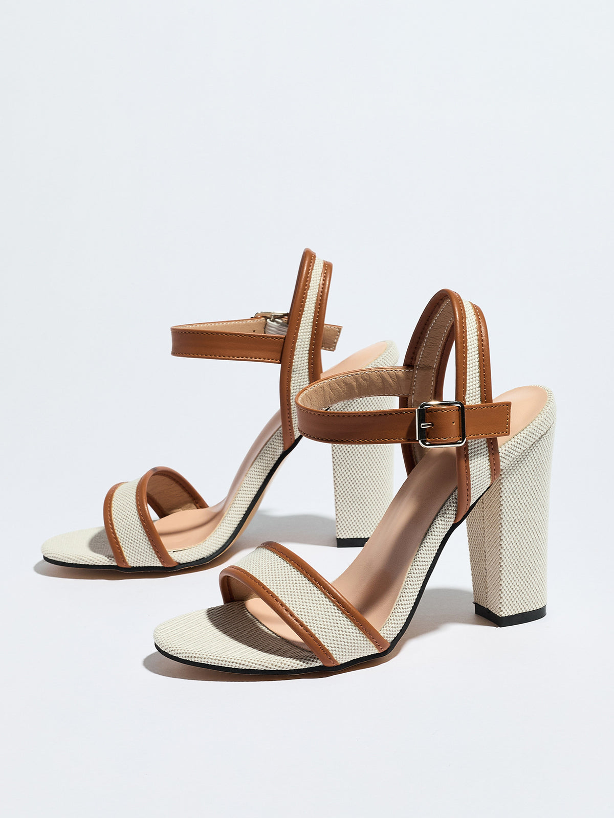 Mescini brown block heel ankle strap sandals, angled pair view of both shoes, US women's sizes