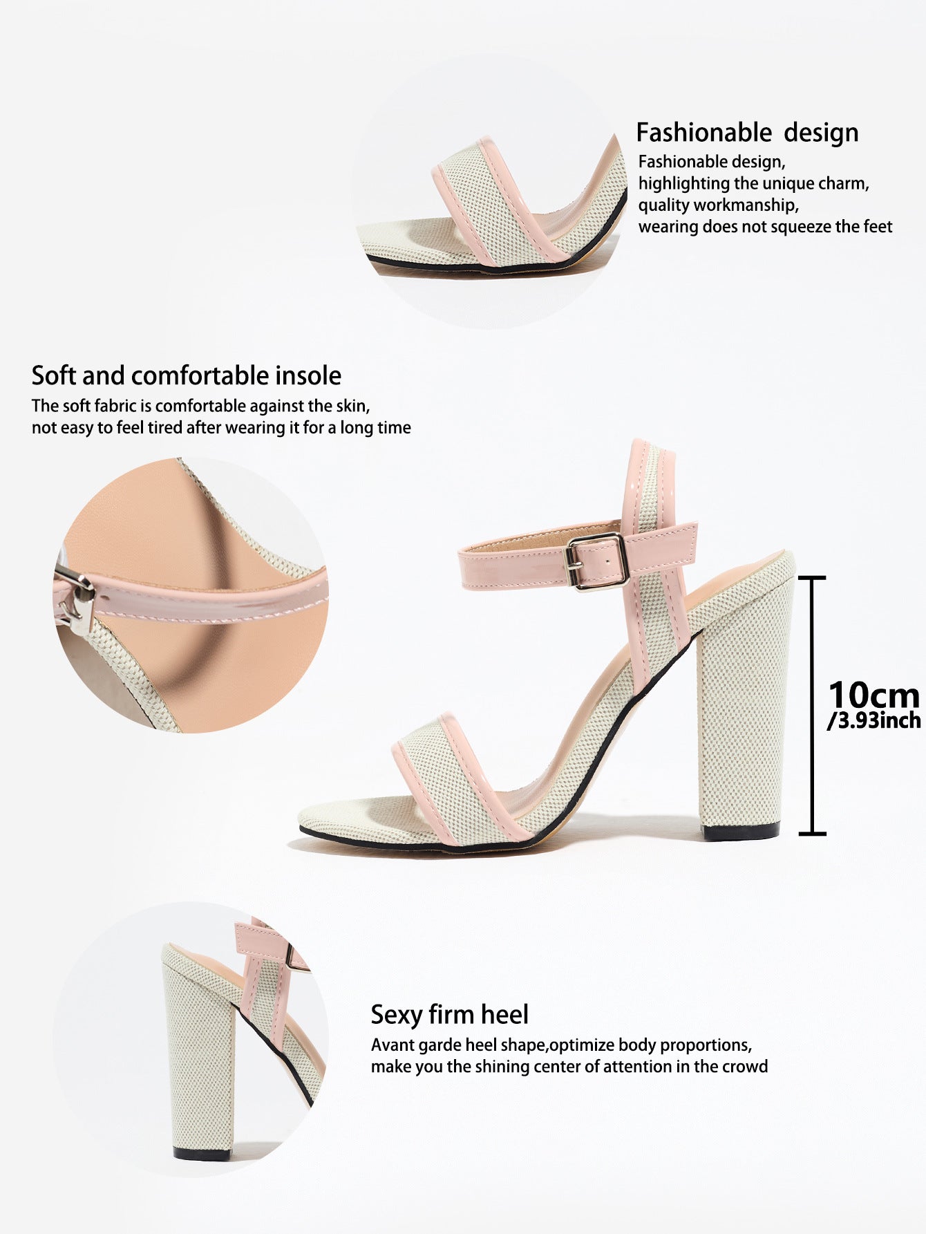 Mescini pink block heel ankle strap sandals, feature graphic with the height marked at 10 cm, US women's sizes