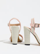 Mescini pink block heel ankle strap sandals, rear view of the pair on white, US women's sizes