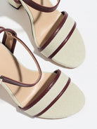 Mescini wine red block heel ankle strap sandals, close up of the toe bands and lining, US women's sizes