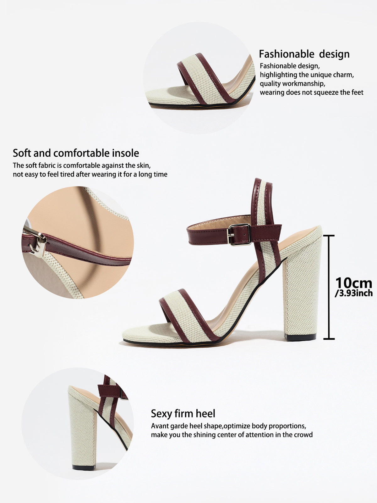 Mescini wine red block heel ankle strap sandals, feature graphic showing the fabric, US women's sizes