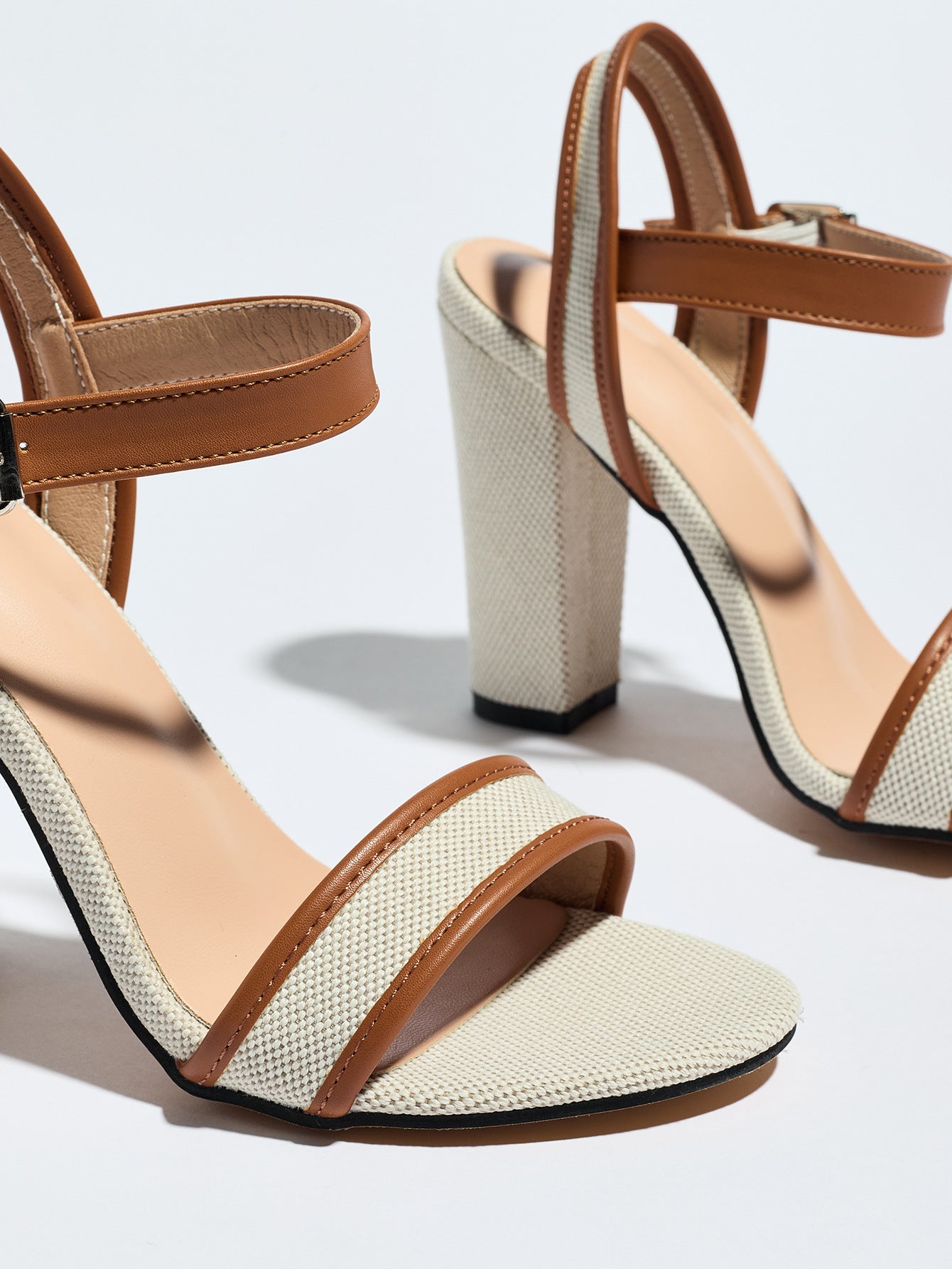 Mescini brown block heel ankle strap sandals, close up of the toe band and buckle, US women's sizes