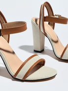 Mescini brown block heel ankle strap sandals, close up of the toe band and buckle, US women's sizes