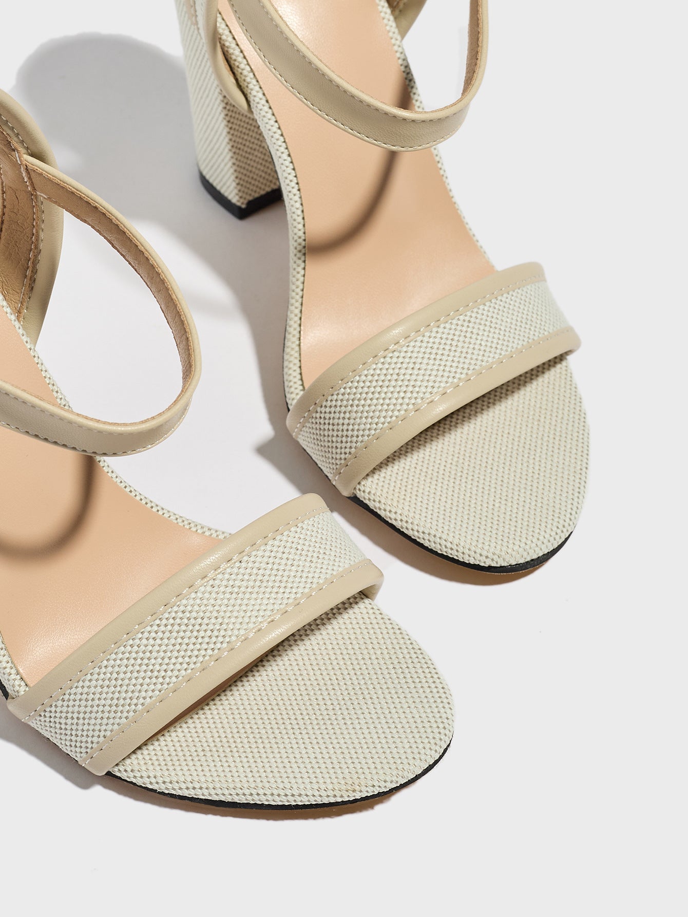 Mescini apricot block heel ankle strap sandals, close up of the open toe and footbed, US women's sizes