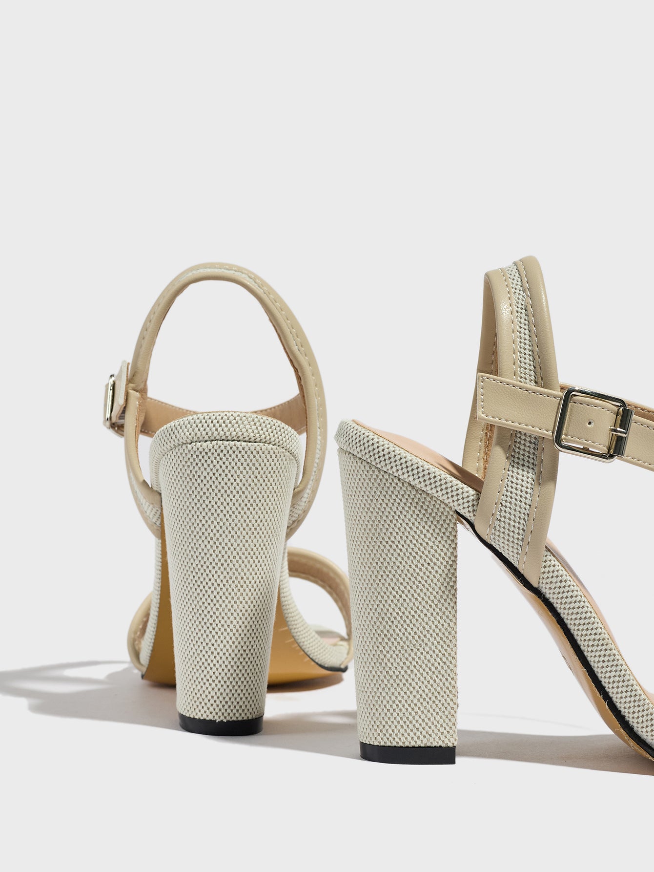 Mescini apricot block heel ankle strap sandals, rear view of the two shoes on white, US women's sizes