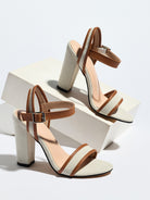 Mescini brown block heel ankle strap sandals, pair posed on stacked white boxes, US women's sizes