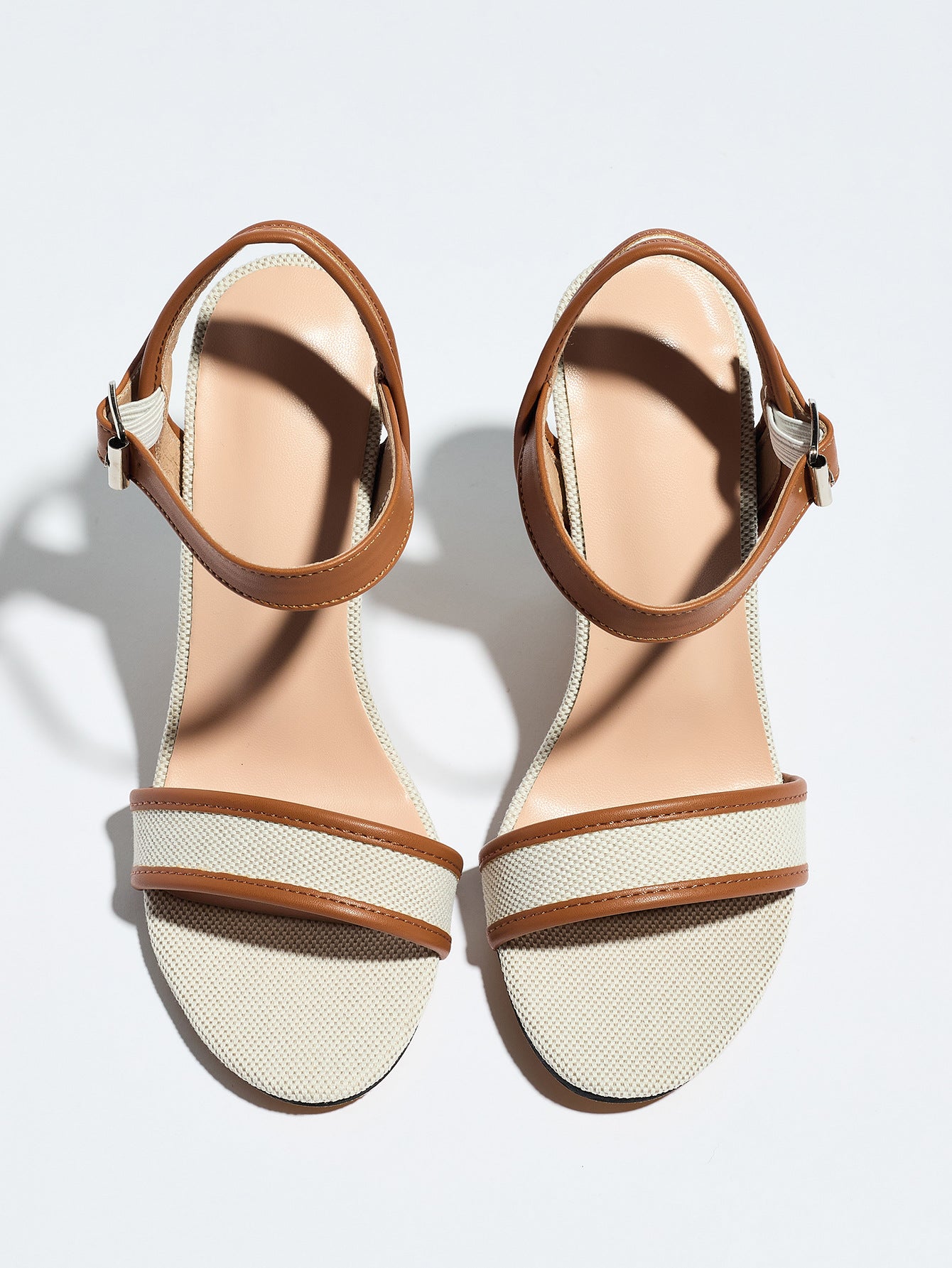 Mescini brown block heel ankle strap sandals, overhead view of the pair, US women's sizes
