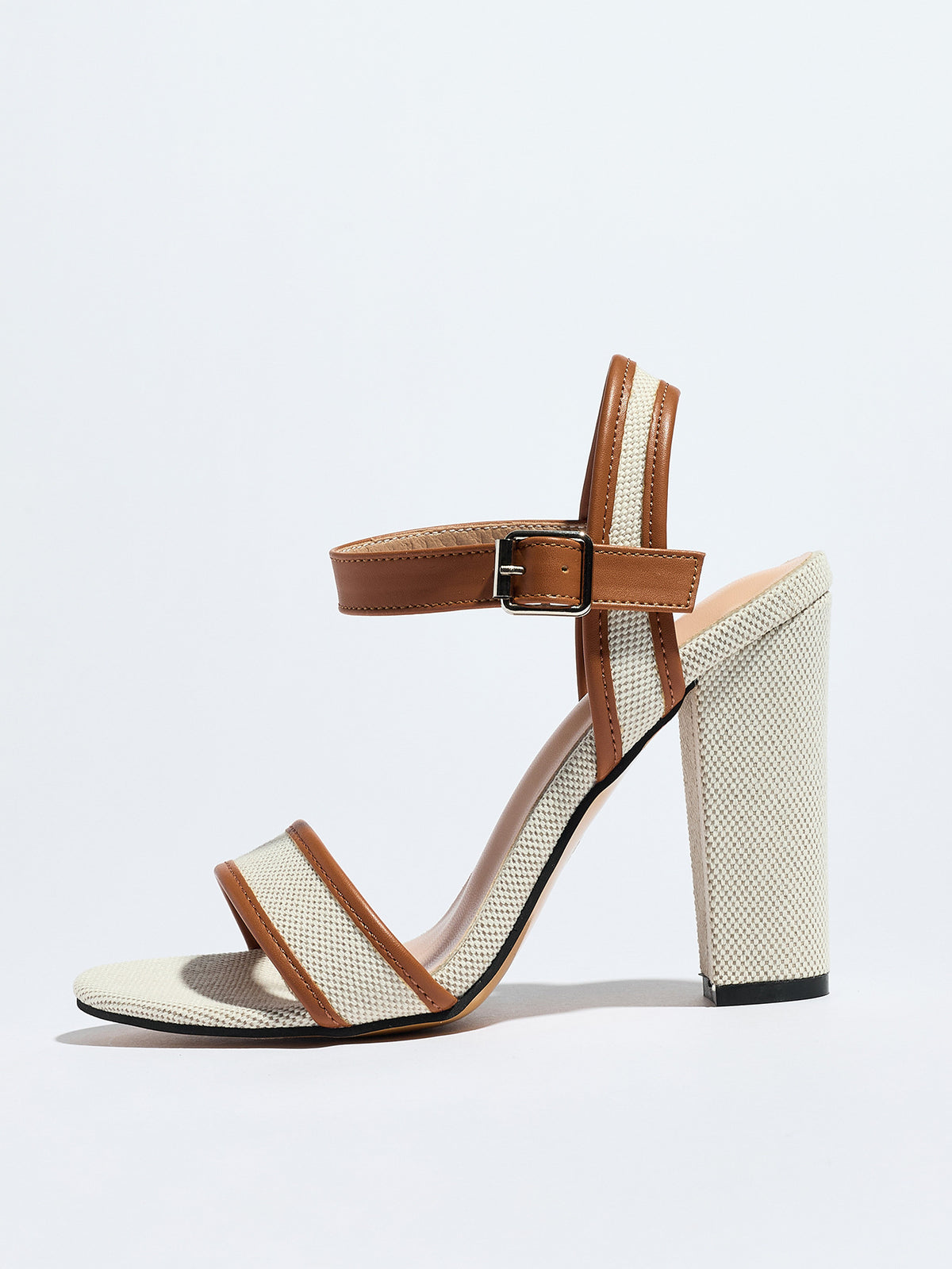 Mescini brown block heel ankle strap sandals, side profile of a single shoe, US women's sizes