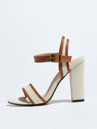 Mescini brown block heel ankle strap sandals, side profile of a single shoe, US women's sizes