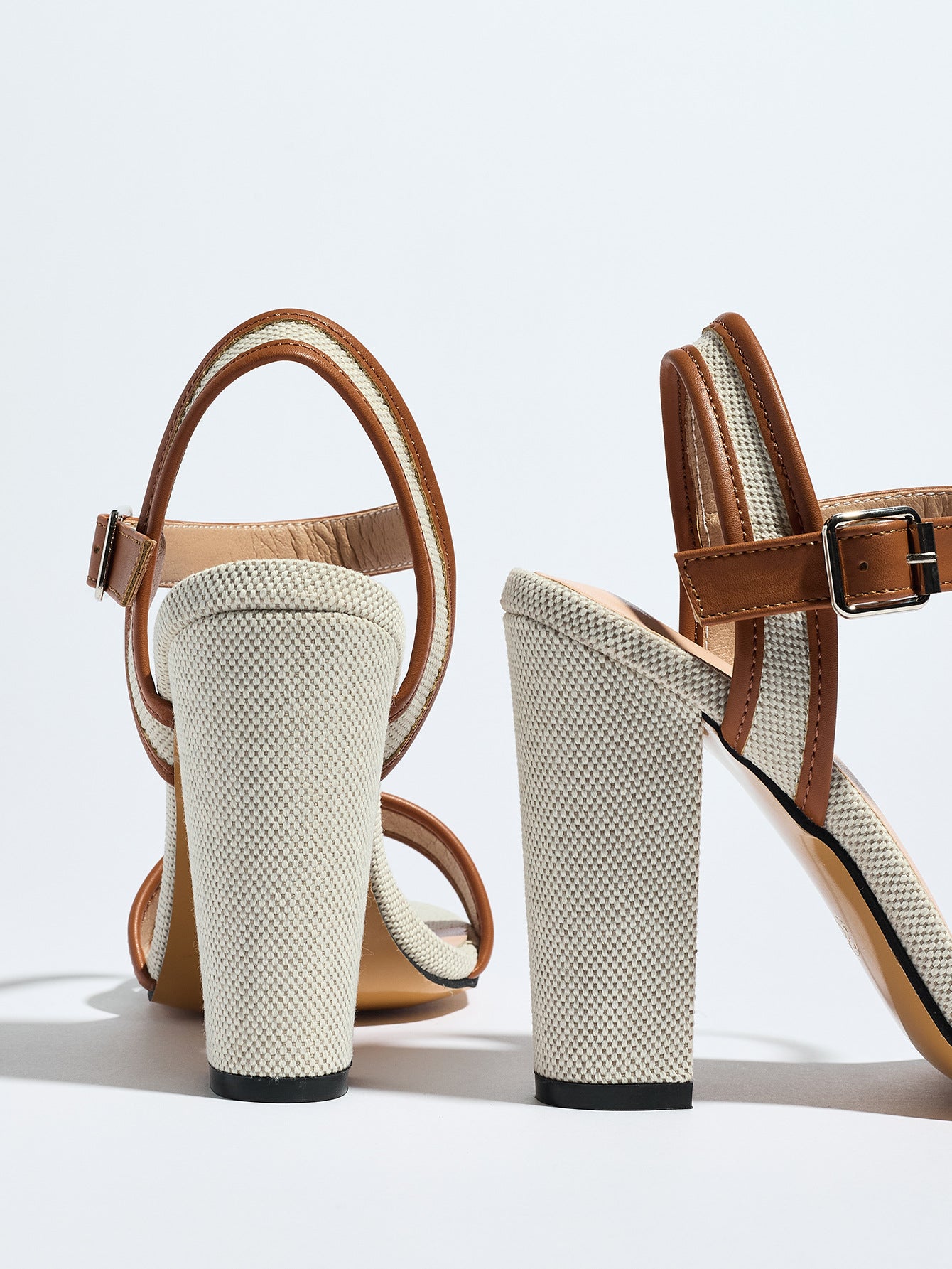 Mescini brown block heel ankle strap sandals, back view of both shoes together, US women's sizes