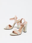 Mescini pink block heel ankle strap sandals, angled view of one shoe on white, US women's sizes