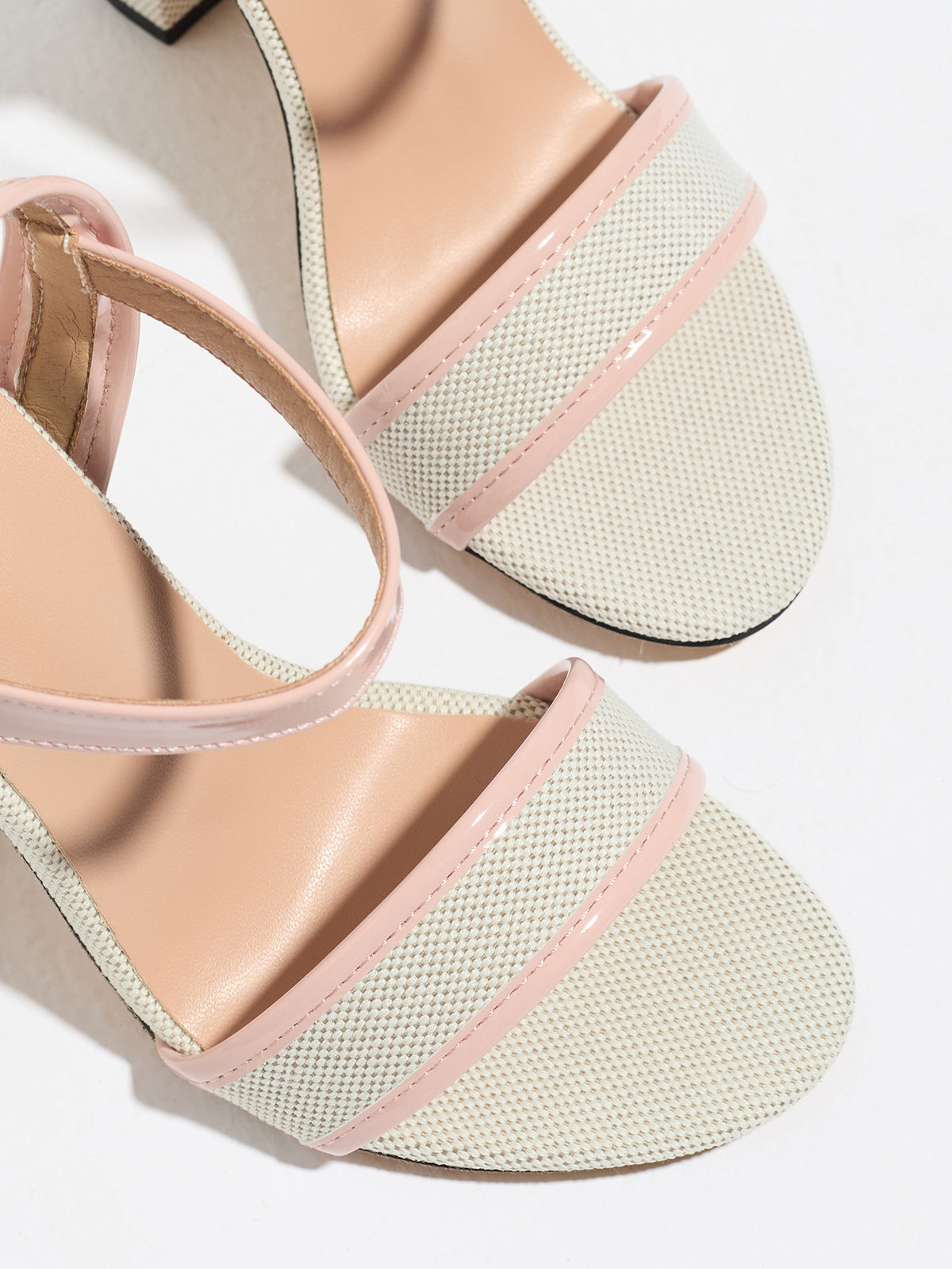 Mescini pink block heel ankle strap sandals, macro shot of the woven toe bands, US women's sizes