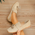 Mescini tan tassel loafer flats, close view of the square toe and gold tassel caps, US women's sizes