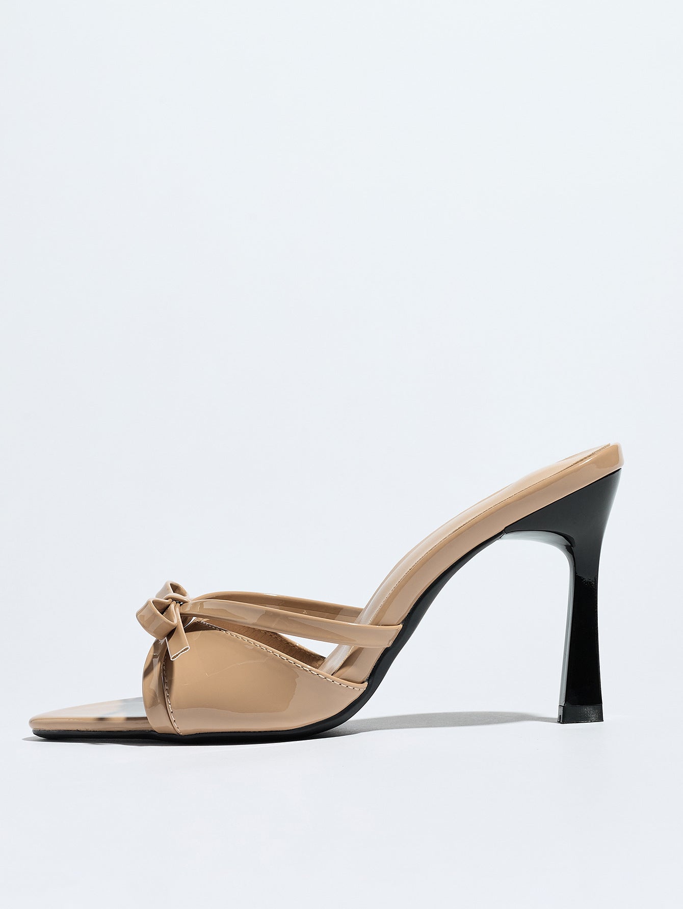 Mescini apricot bow pointed toe stiletto mules, single shoe profile view, US women's sizes