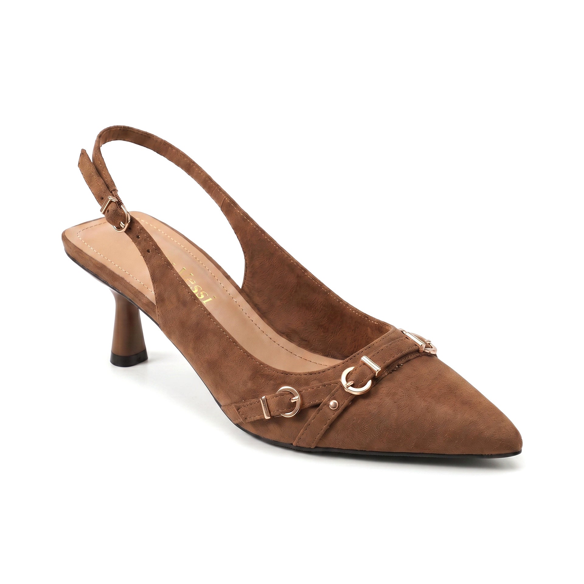 Mescini – brown buckle strap slingback heel, single shoe on white, US women's sizes