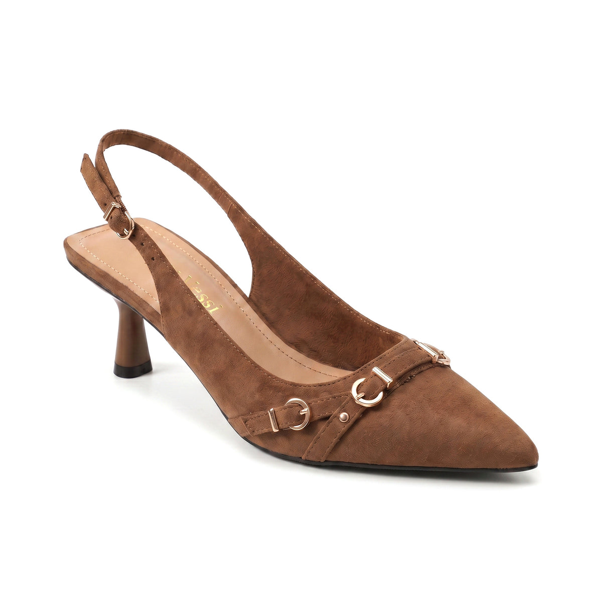 Mescini – brown buckle strap slingback heel, single shoe on white, US women's sizes