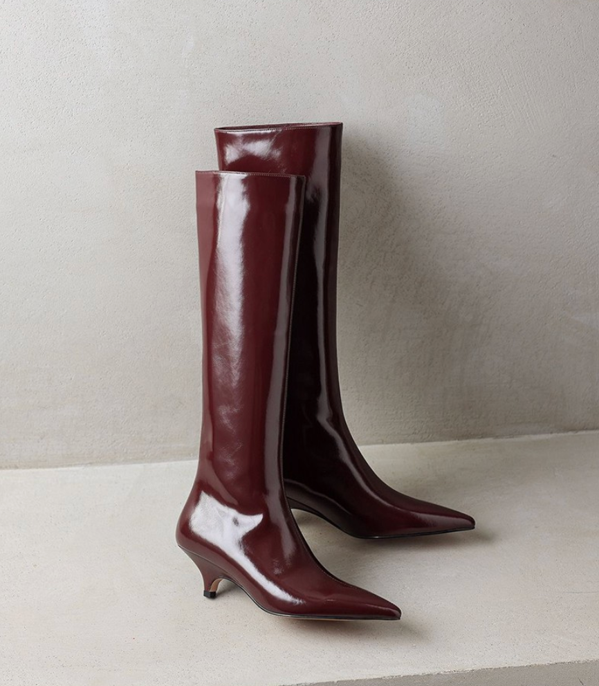 Mescini burgundy kitten heel knee high boots, the pair standing next to each other, US women's sizes