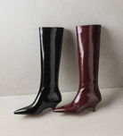 Mescini black and burgundy kitten heel knee high boots, both shades next to each other, US women's sizes