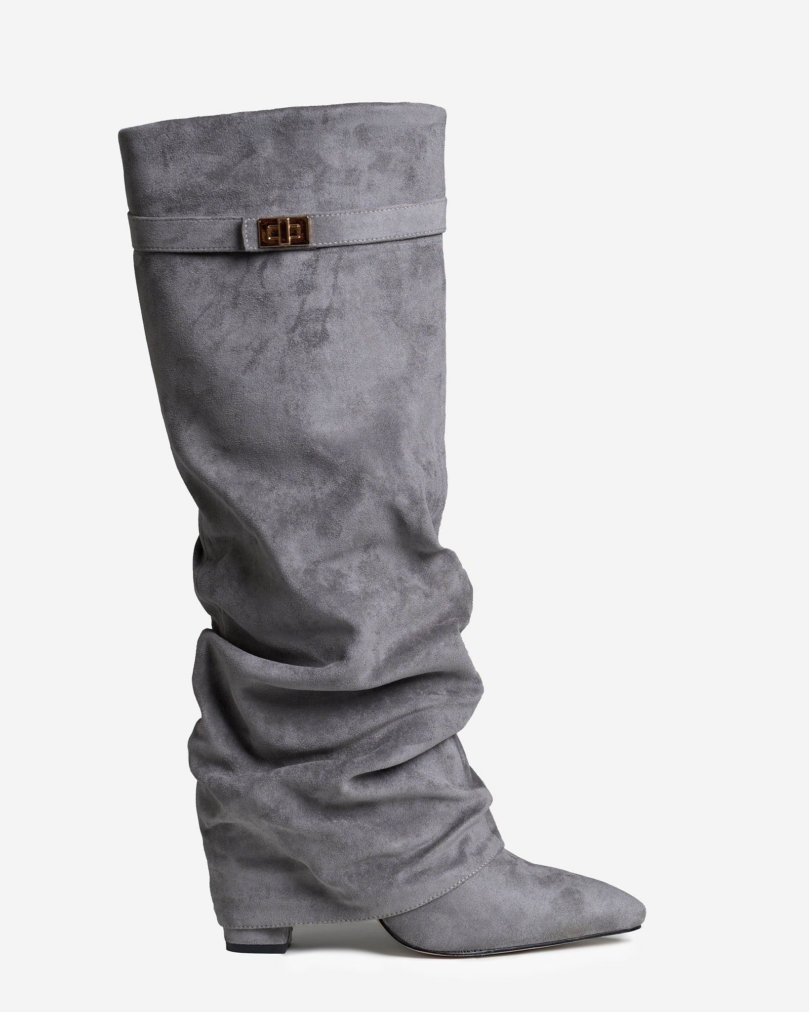 Mescini grey slouchy knee high boots, full side view of the ruched shaft, US sizes