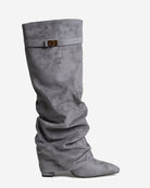 Mescini grey slouchy knee high boots, full side view of the ruched shaft, US sizes