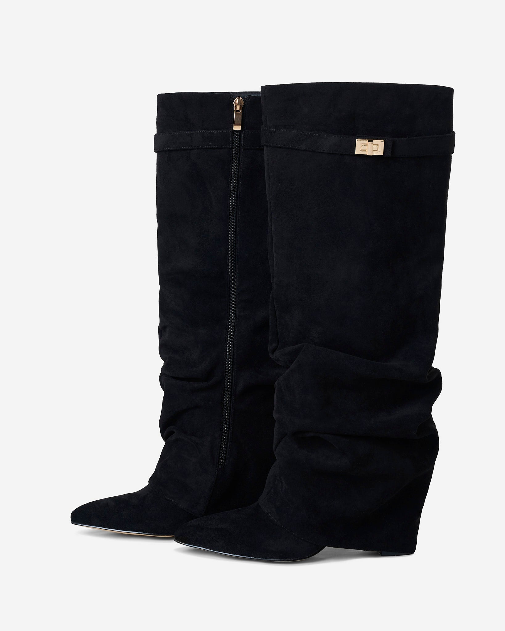 Mescini black slouchy knee high boots, close view of the folds at the ankle, US sizes