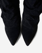 Mescini black slouchy knee high boots, pointed toes seen from above, US size guide