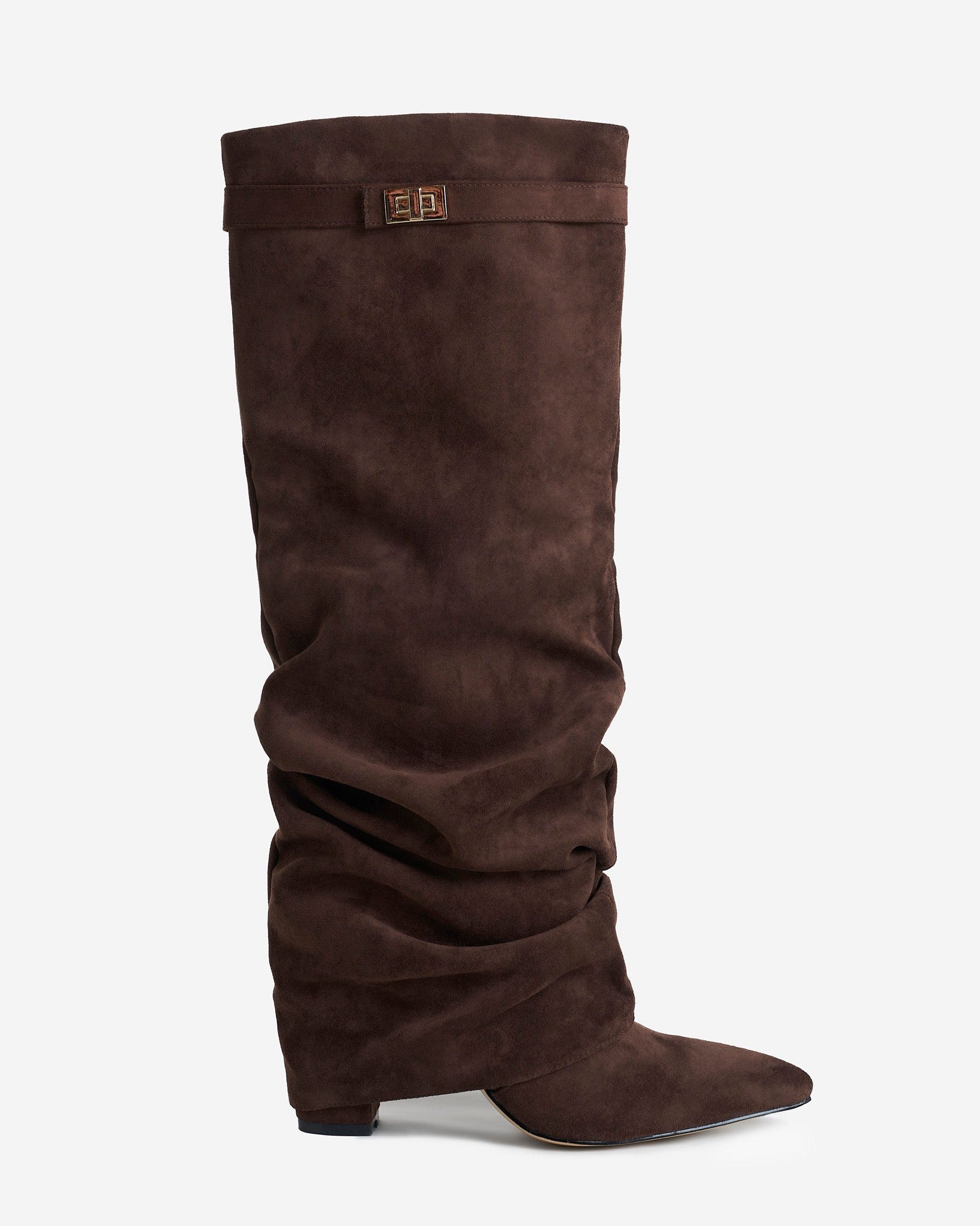 Mescini dark brown slouchy knee high boots, full side view of the ruched shaft, US sizes