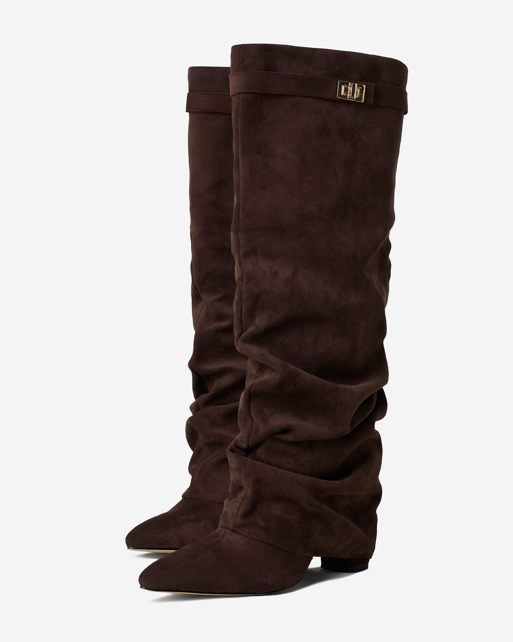 Mescini dark brown slouchy knee high boots, worn by a model seated on a bench, US sizes