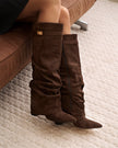 Mescini dark brown slouchy knee high boots, close view of the folds at the ankle, US sizes