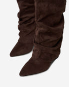 Mescini dark brown slouchy knee high boots, pointed toes seen from above, US sizes