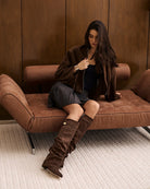 Mescini dark brown slouchy knee high boots, rear view of the gathered shaft, US sizes