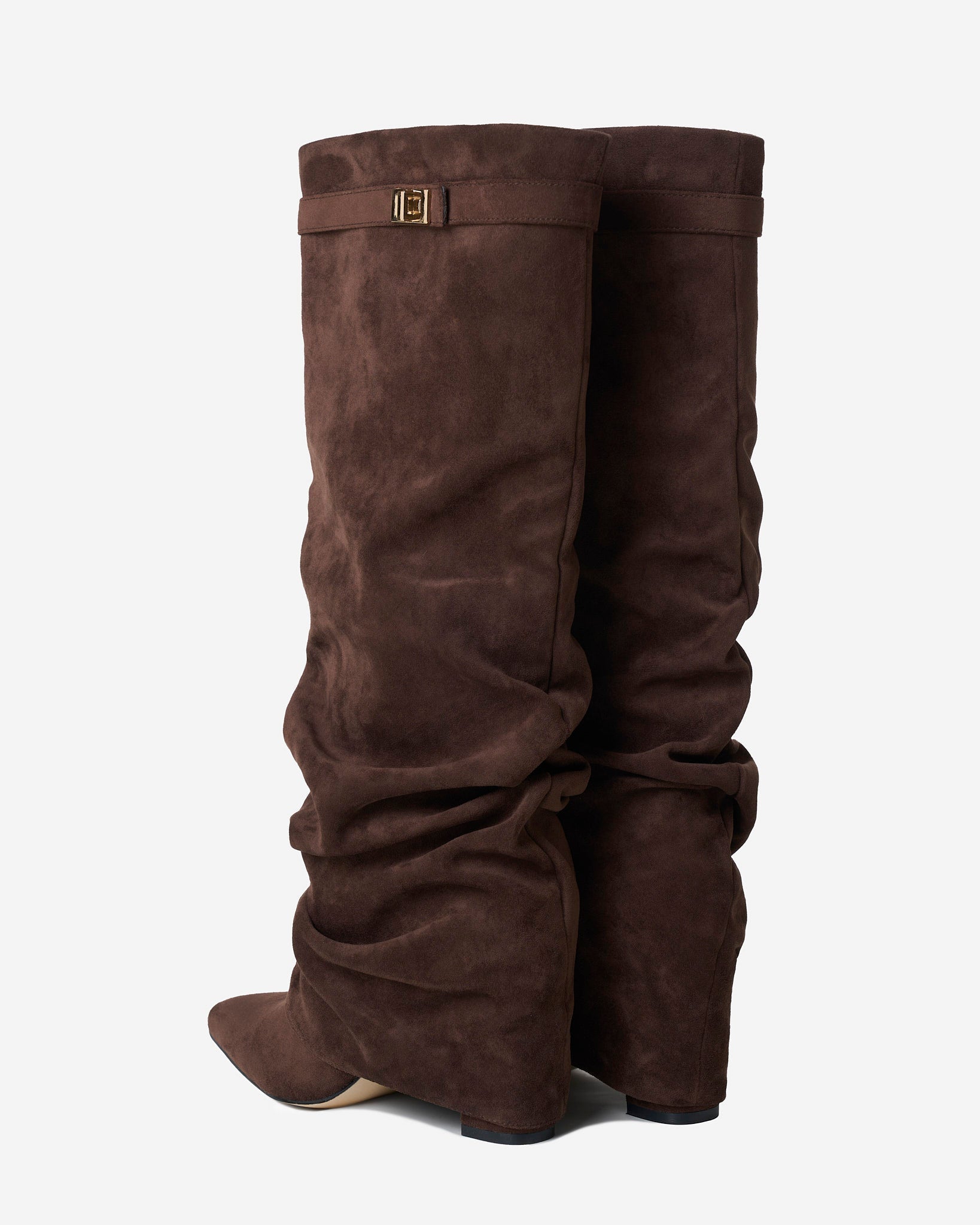 Mescini dark brown slouchy knee high boots, pair seen from the front, zip open, US sizes