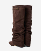 Mescini dark brown slouchy knee high boots, pair seen from the front, zip open, US sizes