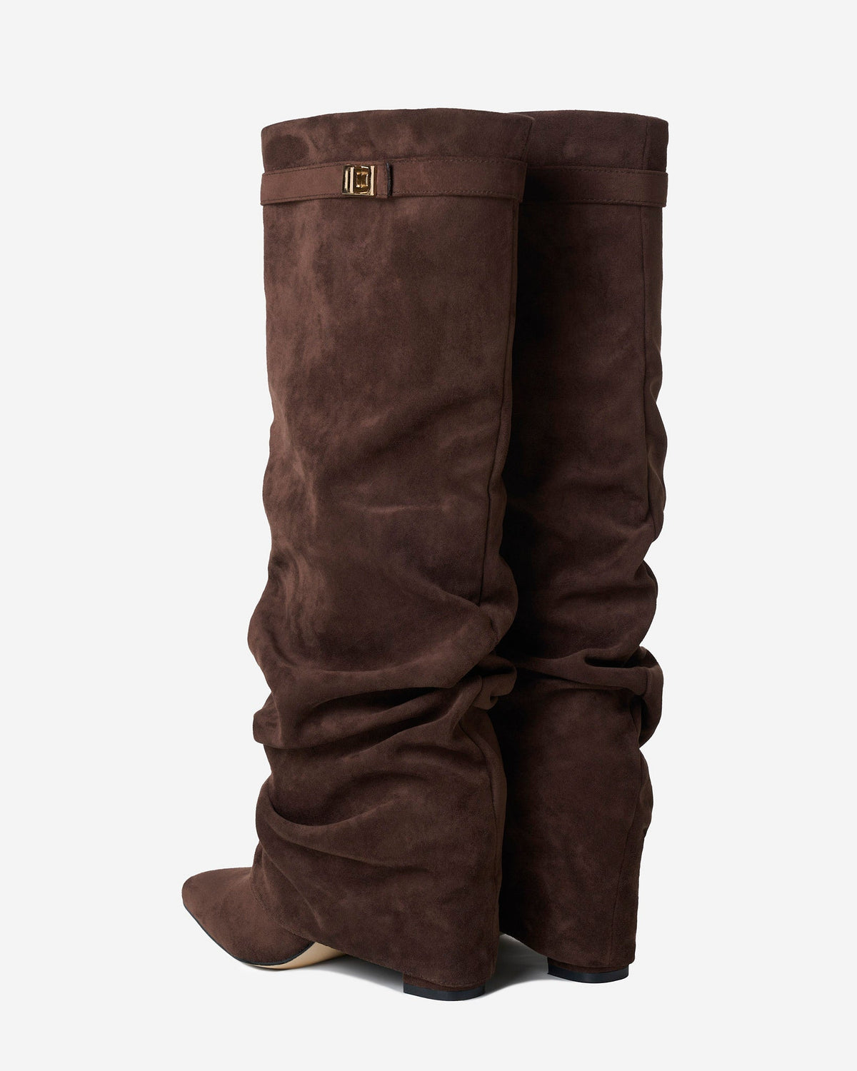Mescini dark brown slouchy knee high boots, pair seen from the front, zip open, US sizes