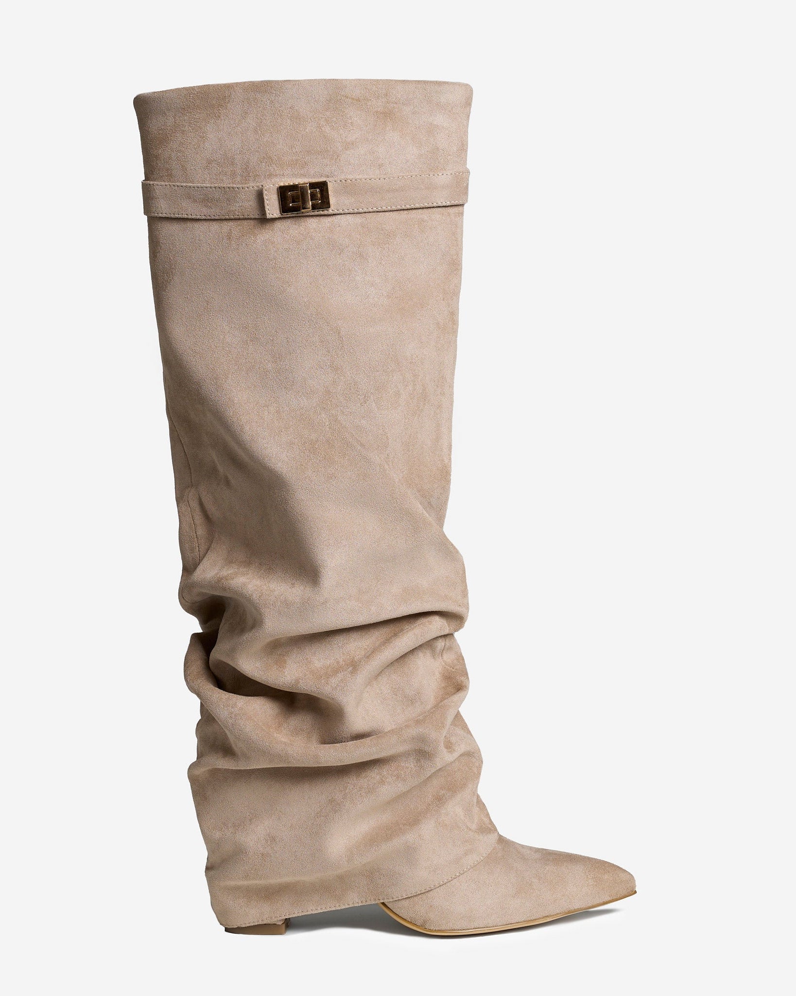 Mescini beige slouchy knee high boots, full side view of the ruched shaft, US sizes