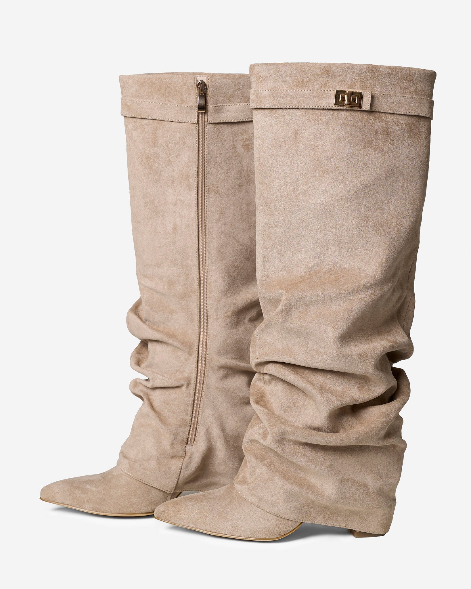 Mescini beige slouchy knee high boots, close view of the folds at the ankle, US sizes