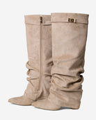 Mescini beige slouchy knee high boots, close view of the folds at the ankle, US sizes