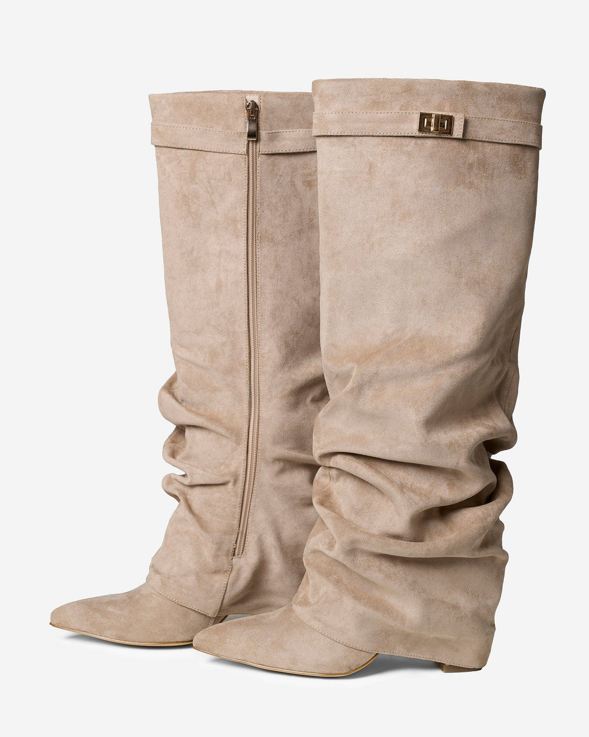 Mescini beige slouchy knee high boots, close view of the folds at the ankle, US sizes