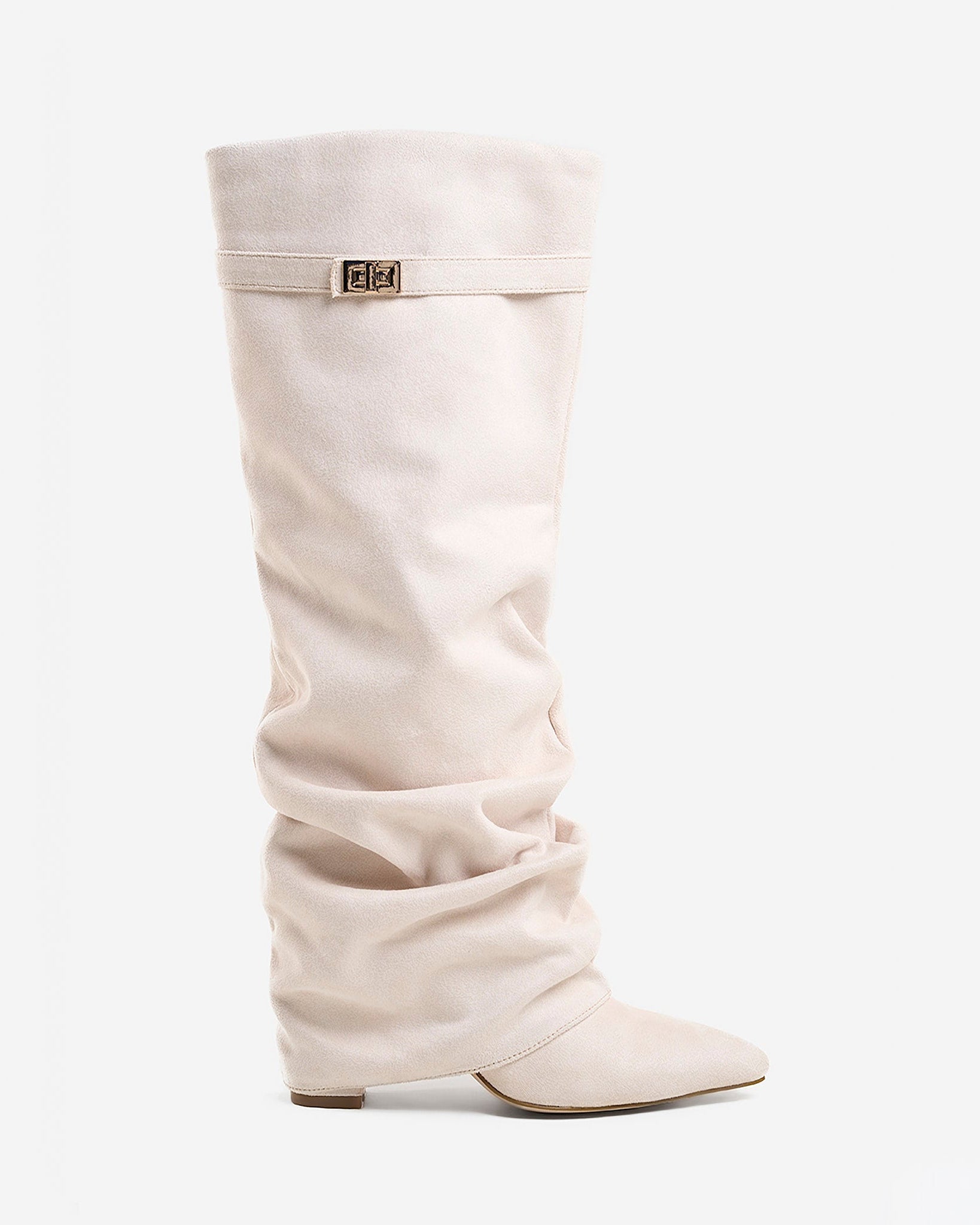 Mescini cream slouchy knee high boots, full side view of the ruched shaft, US sizes