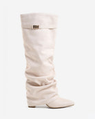 Mescini cream slouchy knee high boots, full side view of the ruched shaft, US sizes