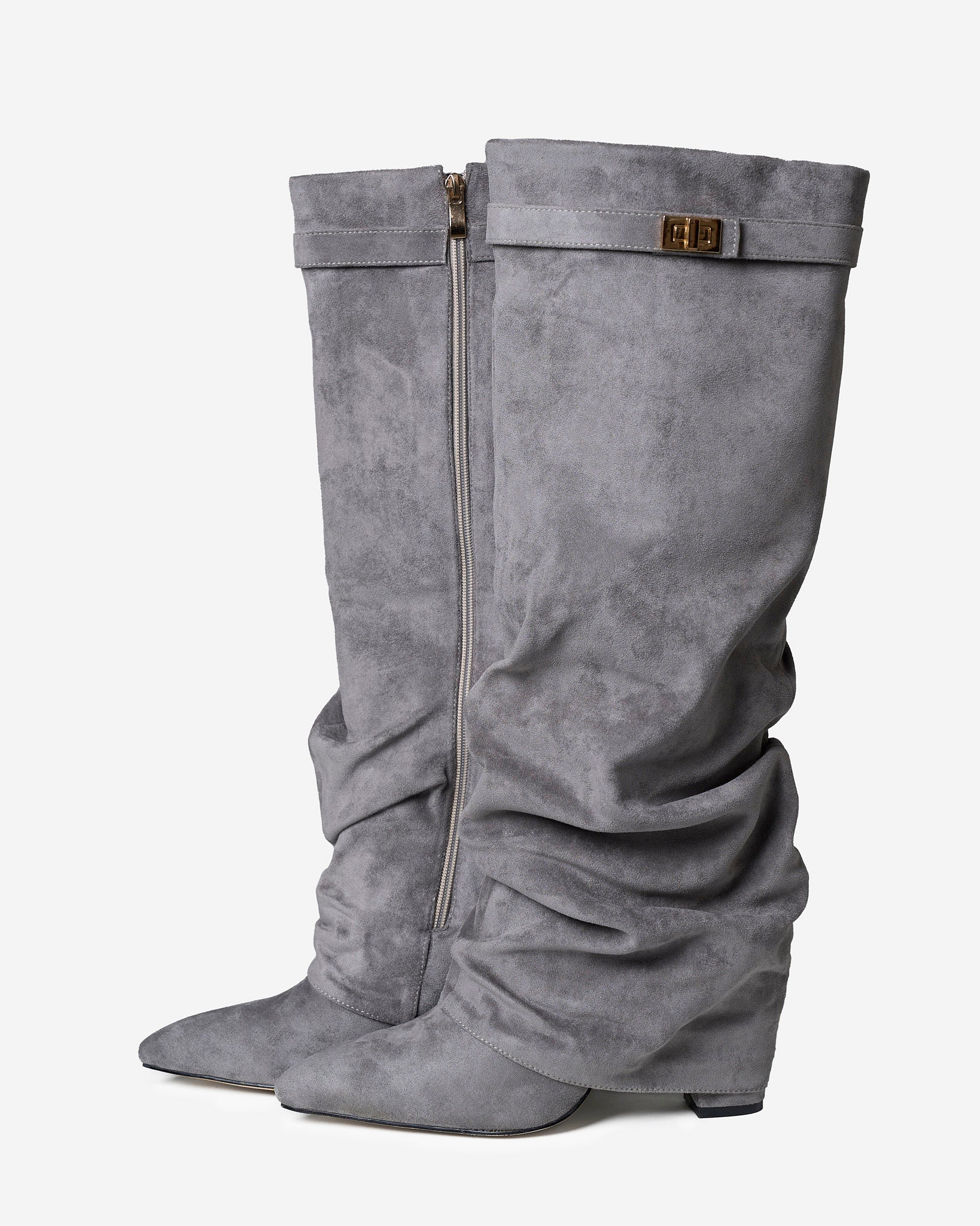 Mescini grey slouchy knee high boots, worn by a model seated on a bench, US sizes