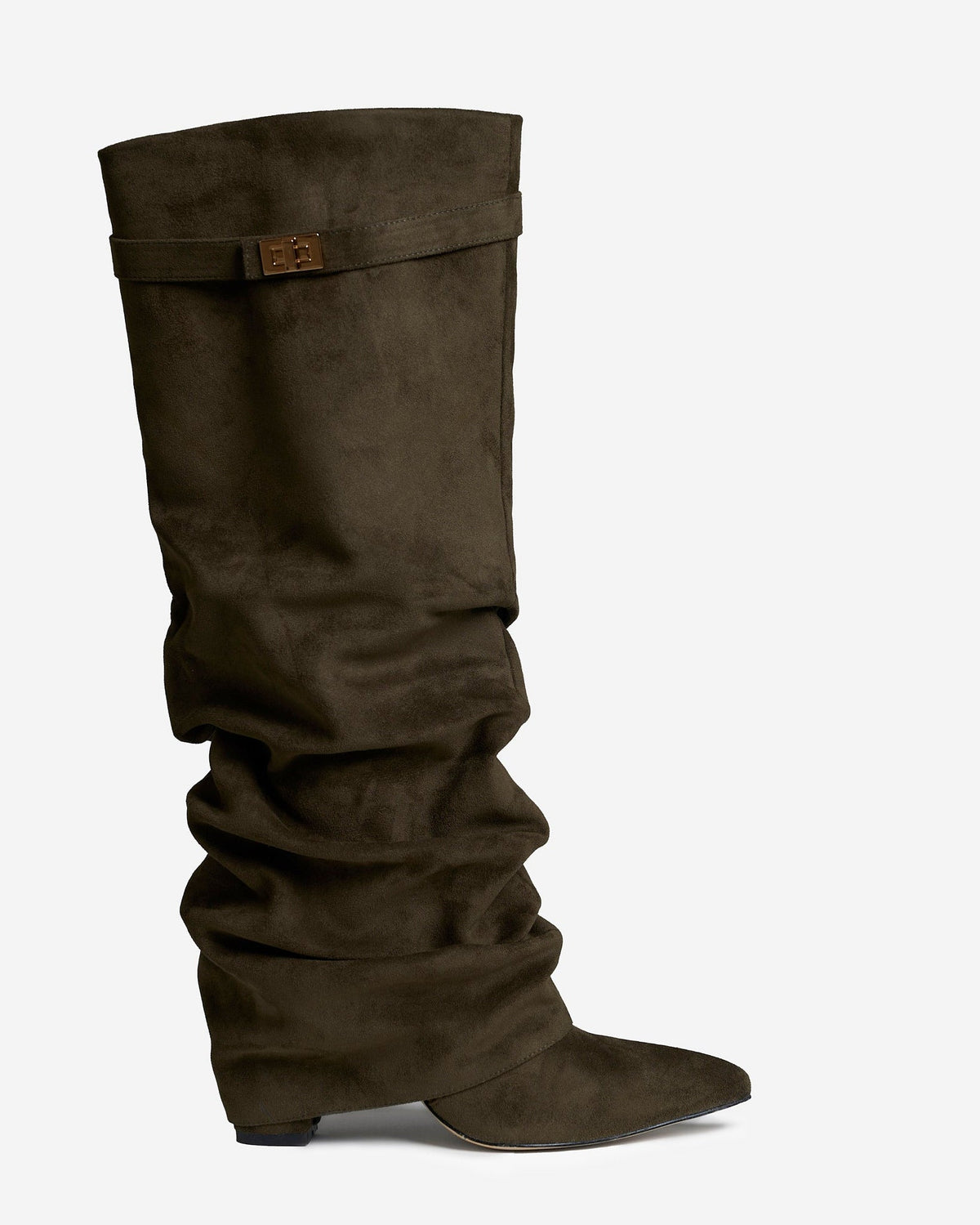 Mescini olive green slouchy knee high boots, full side view of the ruched shaft, US sizes