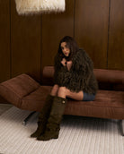 Mescini olive green slouchy knee high boots, close view of the folds at the ankle, US sizes