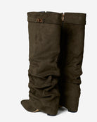 Mescini olive green slouchy knee high boots, pointed toes seen from above, US sizes