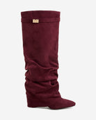 Mescini burgundy slouchy knee high boots, full side view of the ruched shaft, US sizes