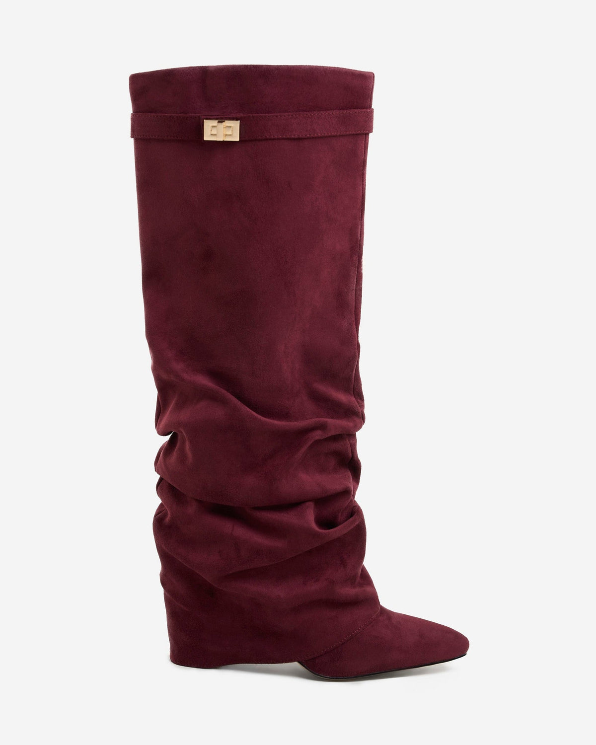 Mescini burgundy slouchy knee high boots, full side view of the ruched shaft, US sizes