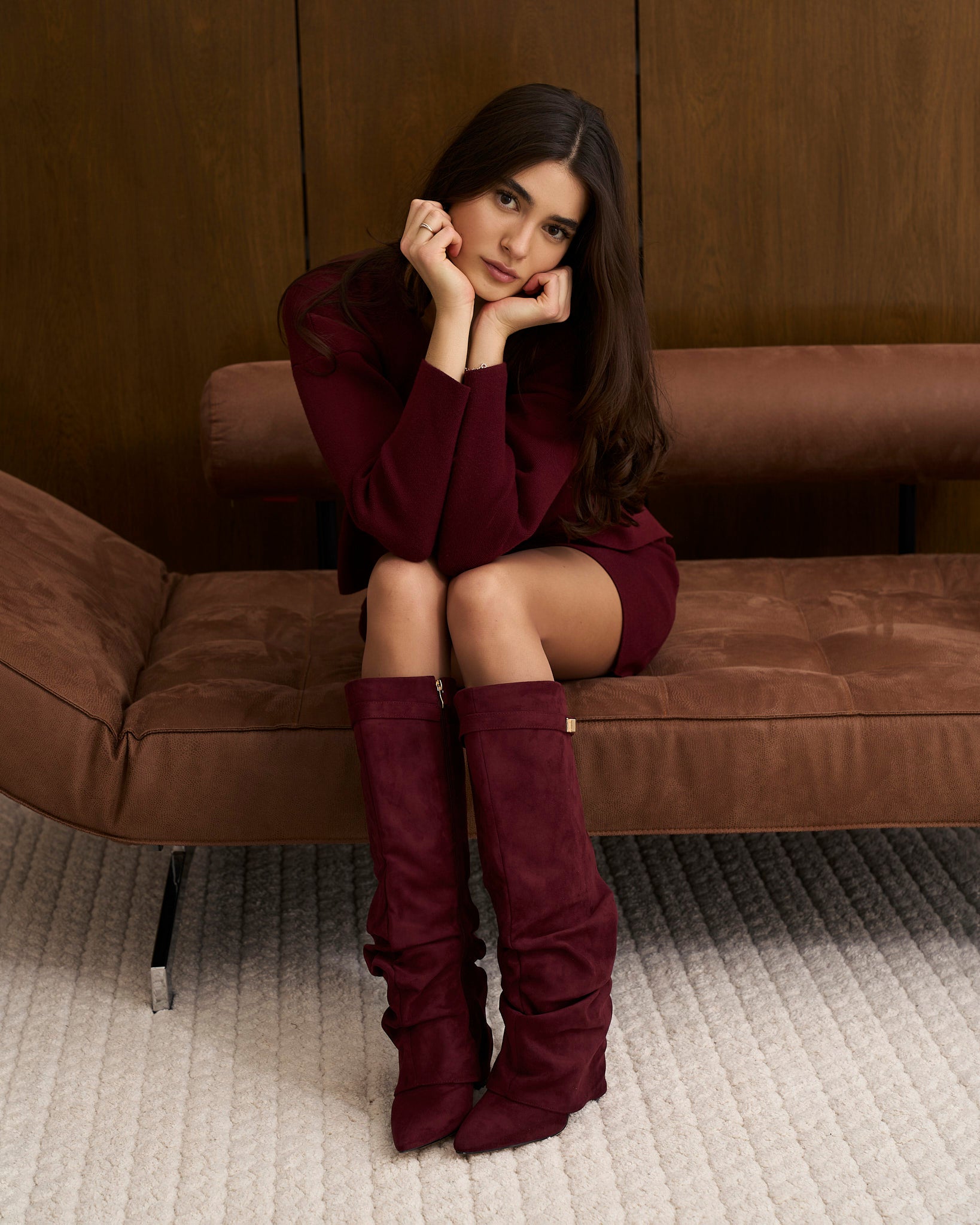 Mescini burgundy slouchy knee high boots, close view of the folds at the ankle, US sizes