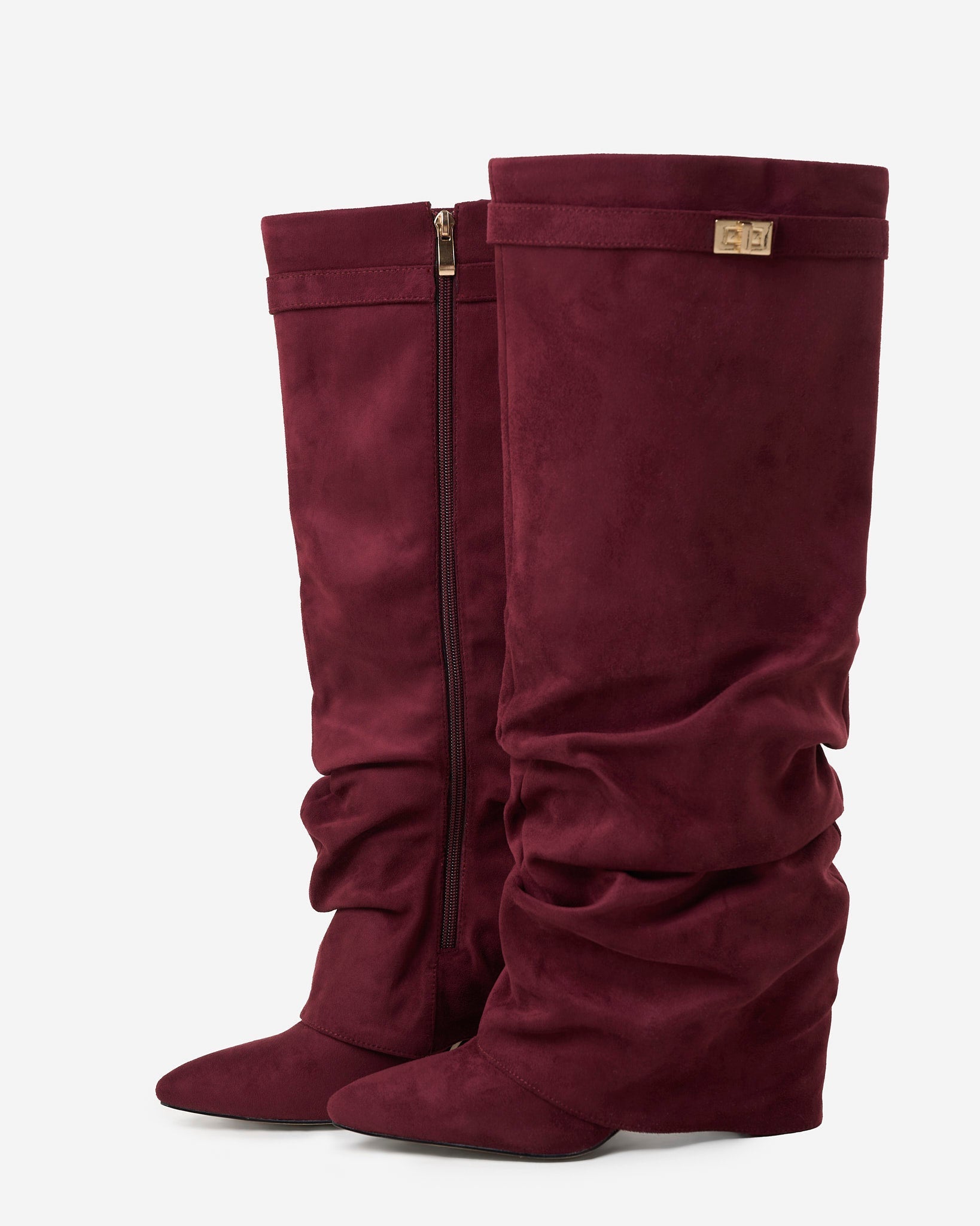 Mescini burgundy slouchy knee high boots, pointed toes seen from above, US sizes