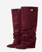Mescini burgundy slouchy knee high boots, pointed toes seen from above, US sizes